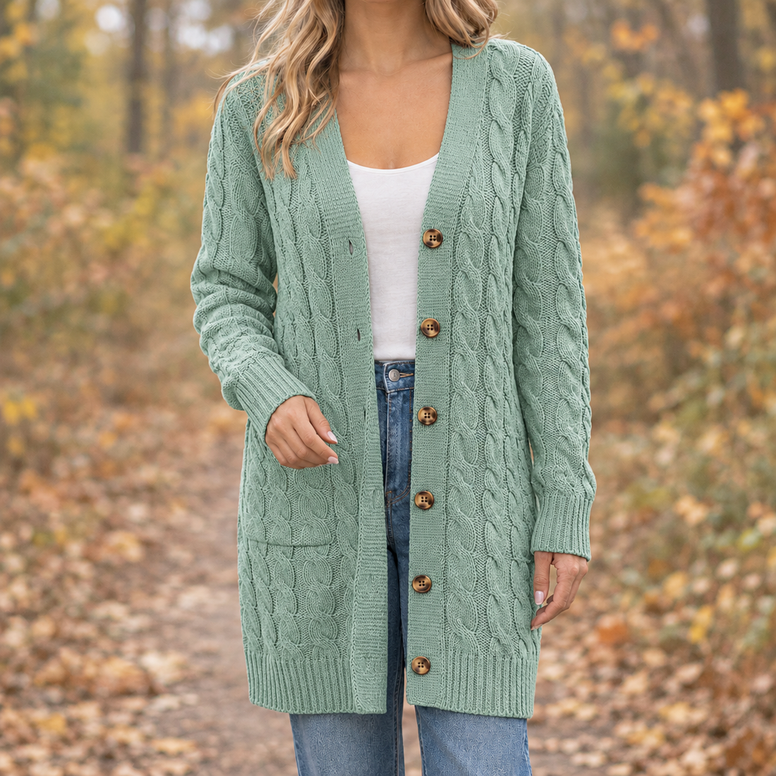 Mina-Marie Cable Knit Cardigan - Bean Green