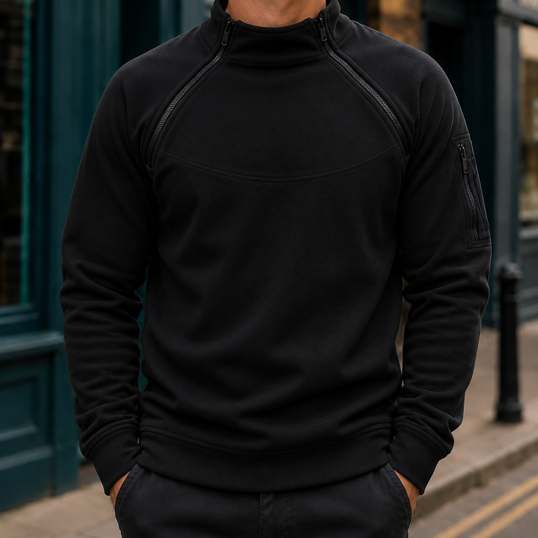 Ambrose-Stone Zip Neck Sweater - Black