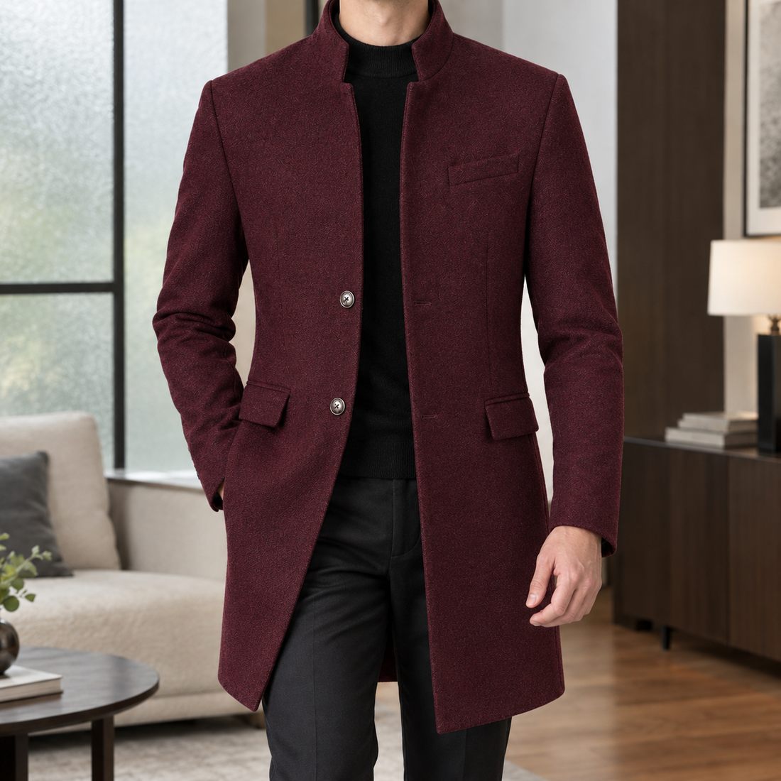 Julian-Wren Stand Collar Overcoat - Wine Red