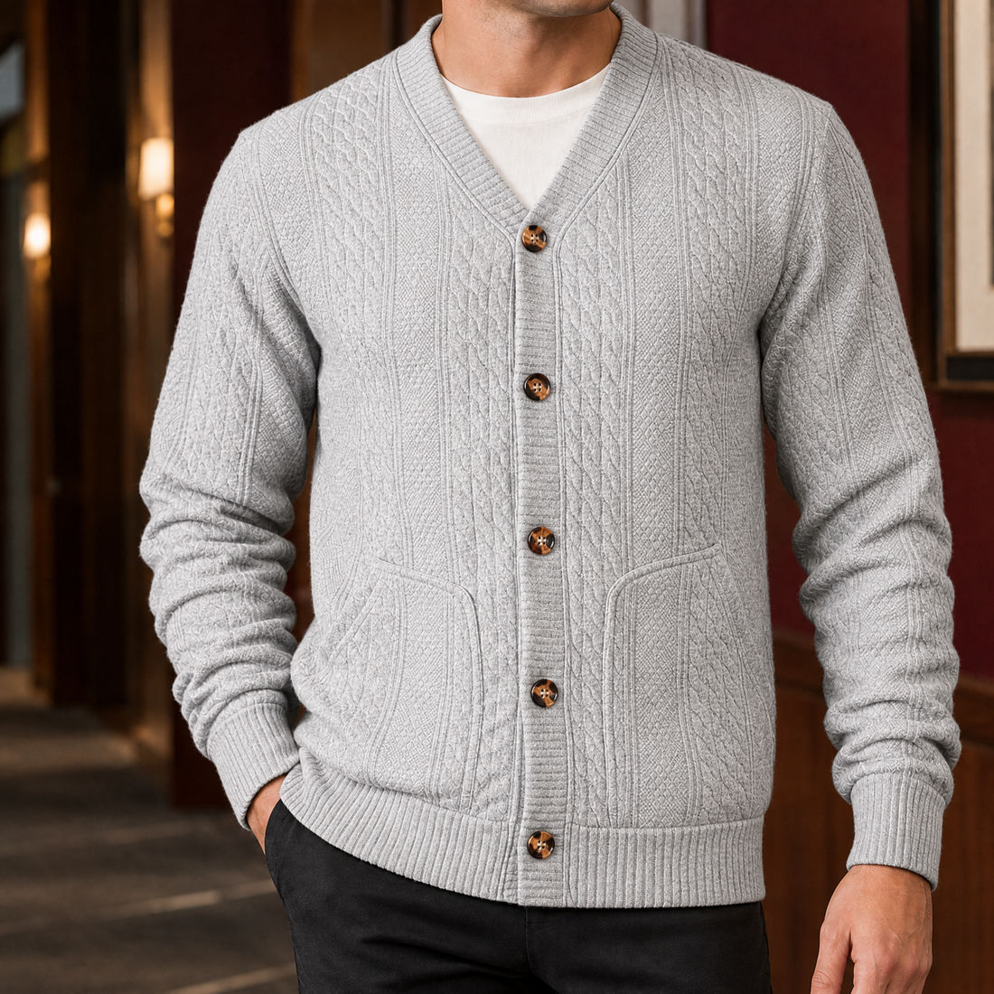Montgomery-Tate Cable Knit Cardigan - Light Gray