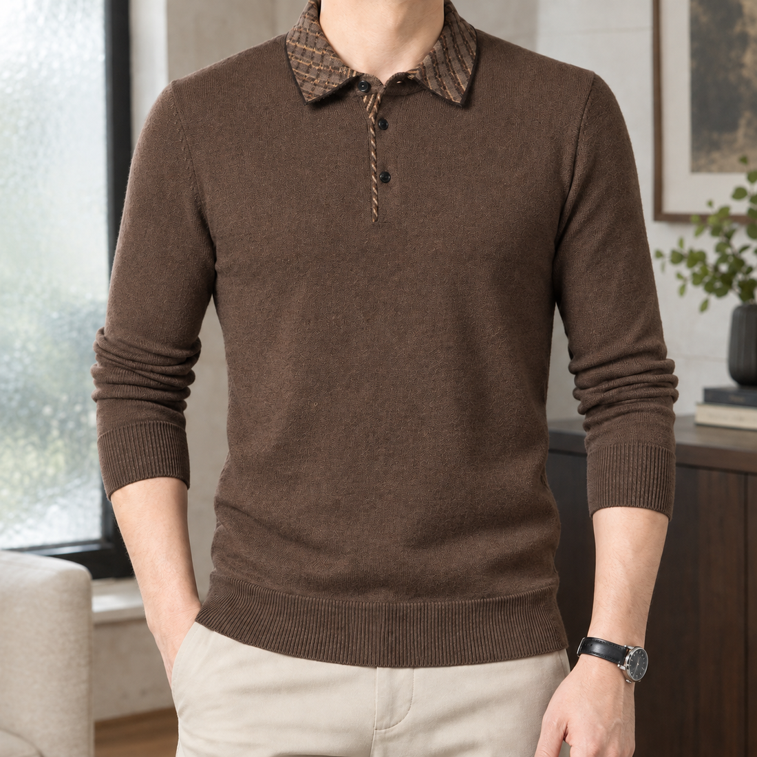 Finley Plaid Collar Sweater - Floral Coffee