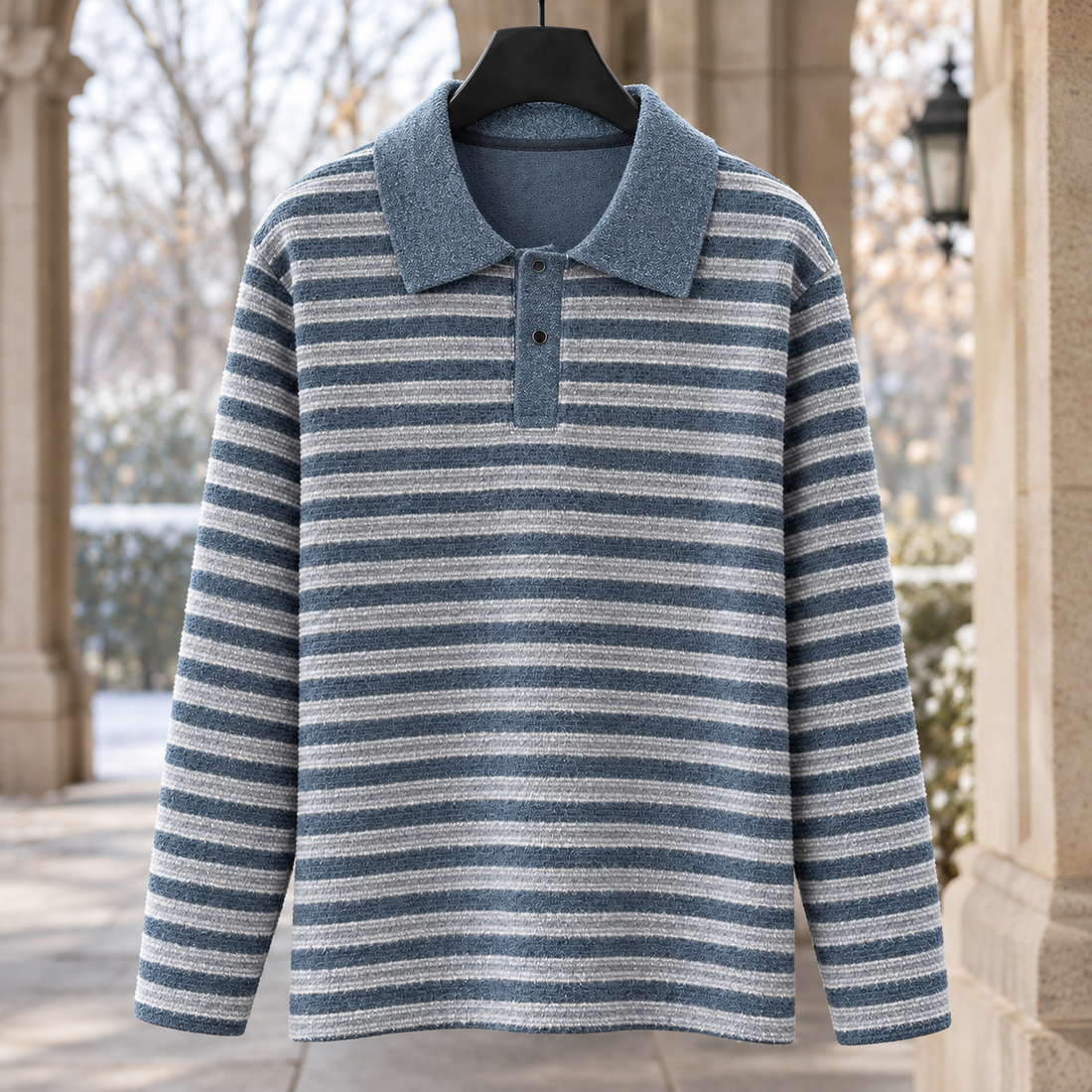 Ryan-Grey Striped Polo Sweater - Gray