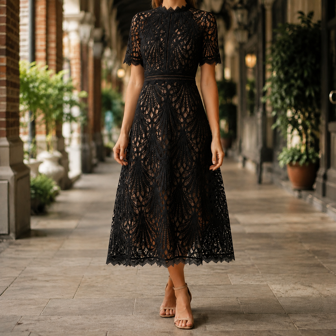 Faye Lace Midi Dress - Black