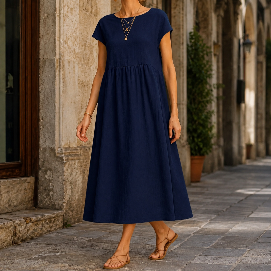 Orla-June Cotton Midi Dress - Navy Blue