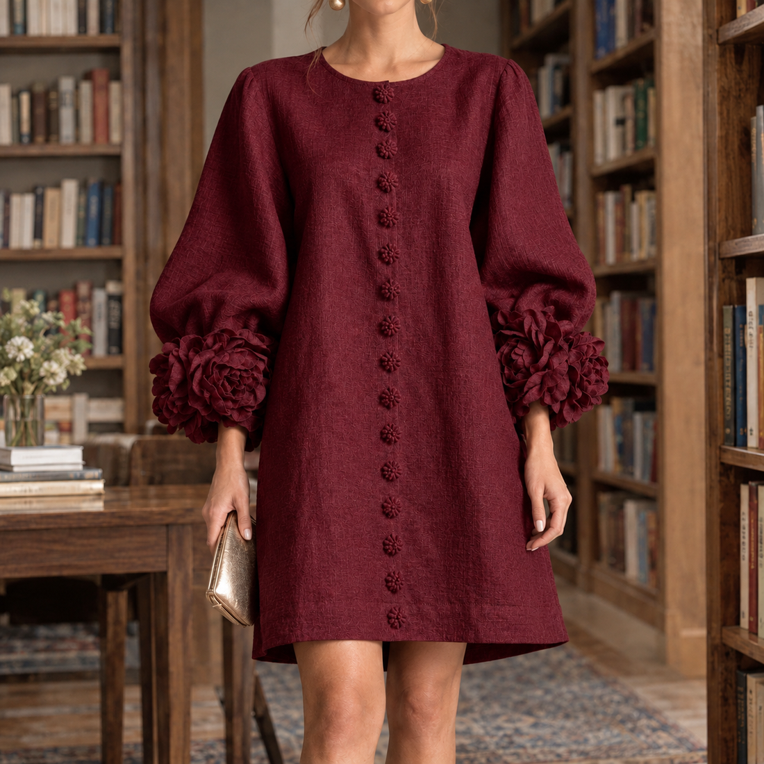 Rachel-Rose Floral Cuff Dress - Deep Red
