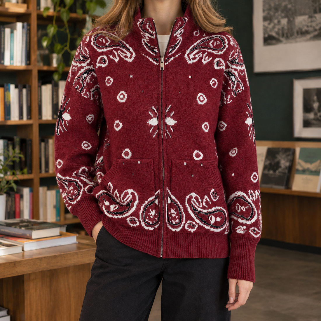 Constance Paisley Zip Sweater - Red
