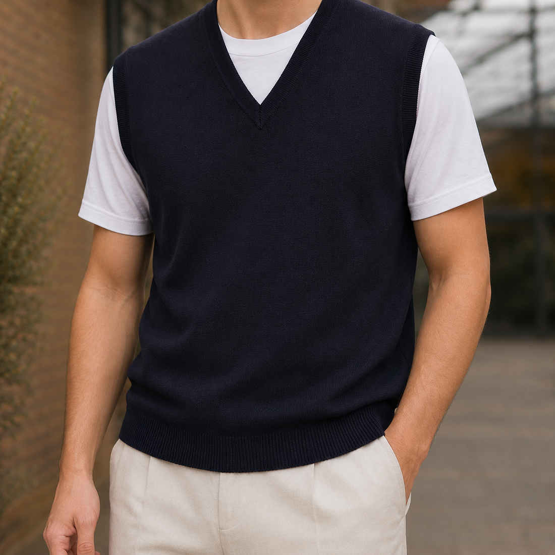Louis V-Neck Wool Vest - Dark Navy