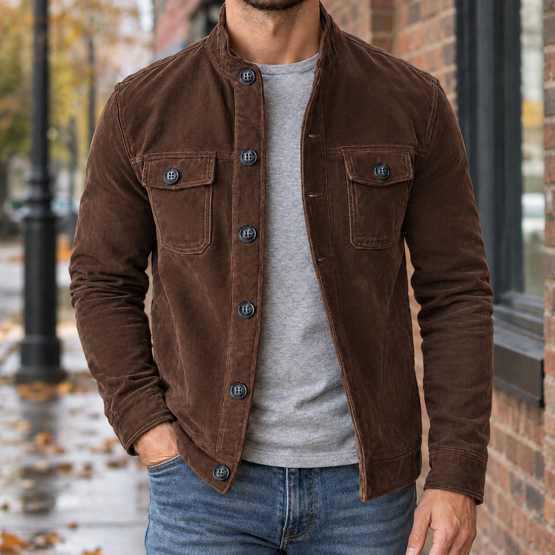Nicodemus-Miles Stand Collar Jacket - Dark Brown