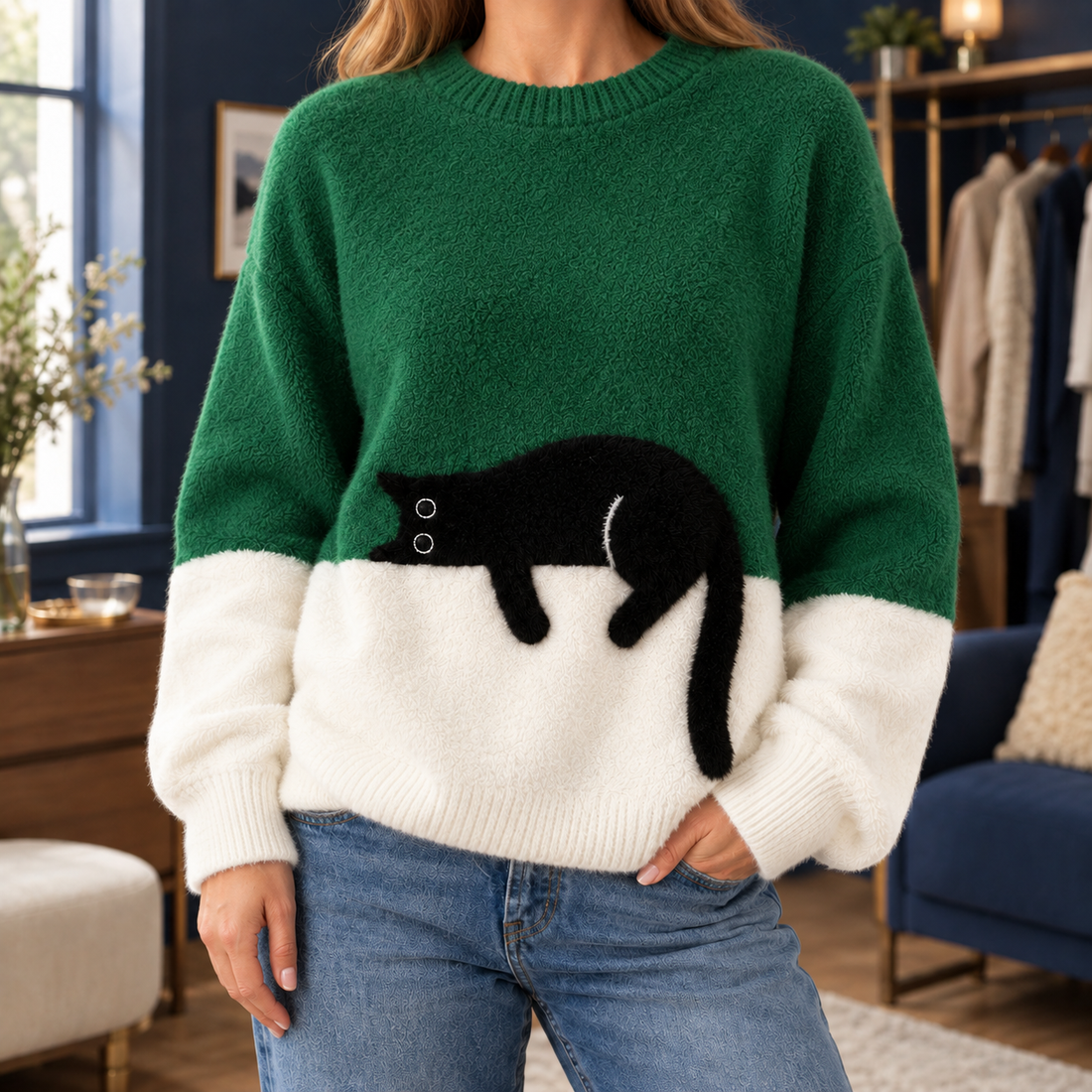 Edith-Rose Cat Sweater - Green