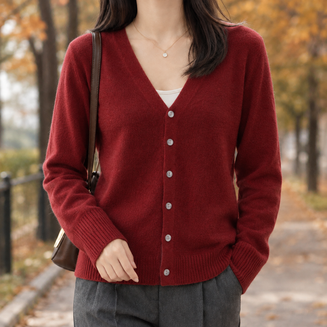 Brooke-Grace V Neck Cardigan - Wine Red