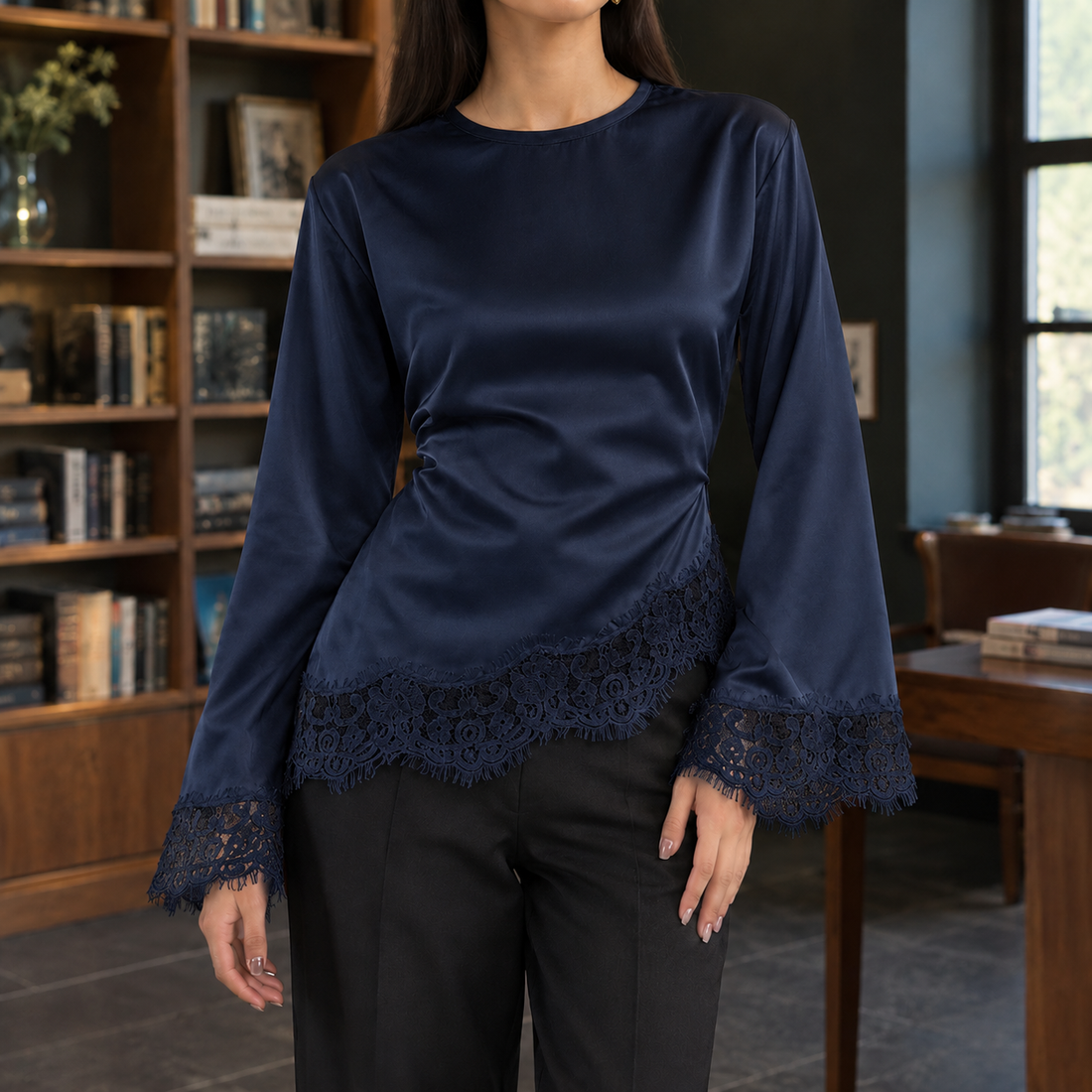 Esther-Jade Asymmetric Lace Top - Dark Blue