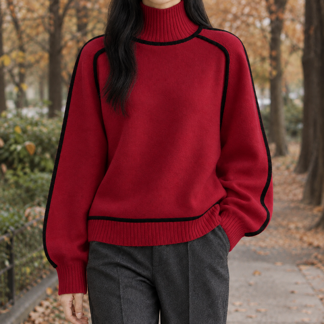 Maeve-Hope Contrast Trim Sweater - Red
