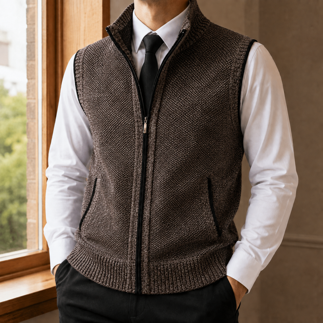 Caius-West Zip Sweater Vest - Brown