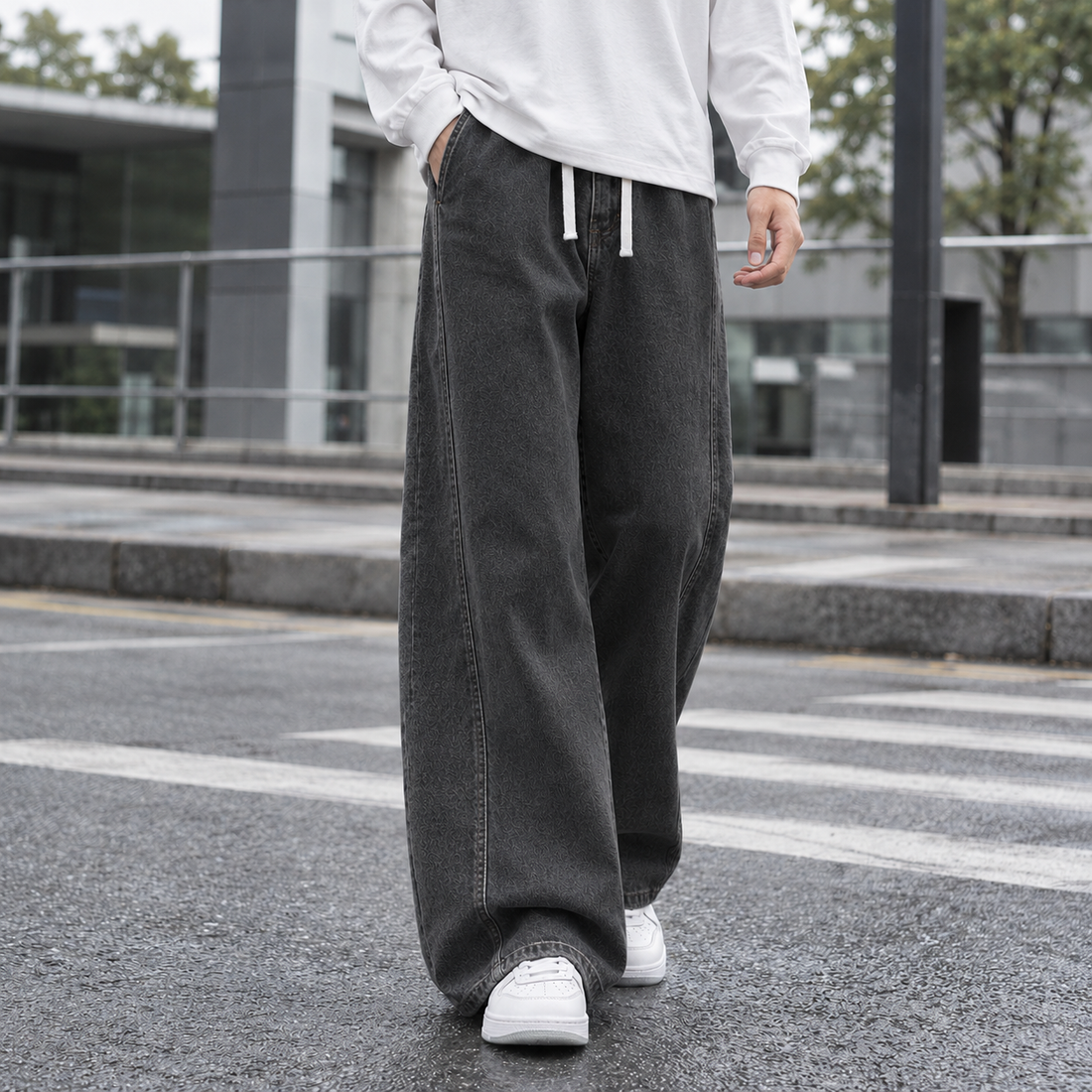 Nicodemus-Stone Relaxed Wide Leg Pants - Black-gray