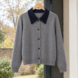 Elle-Kate Contrast Collar Cardigan - Gray