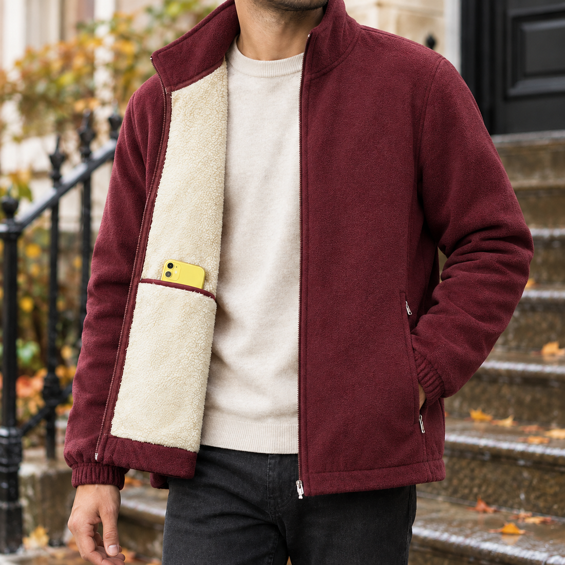 Oswin-Stone Fleece-Lined Jacket - Red Yy