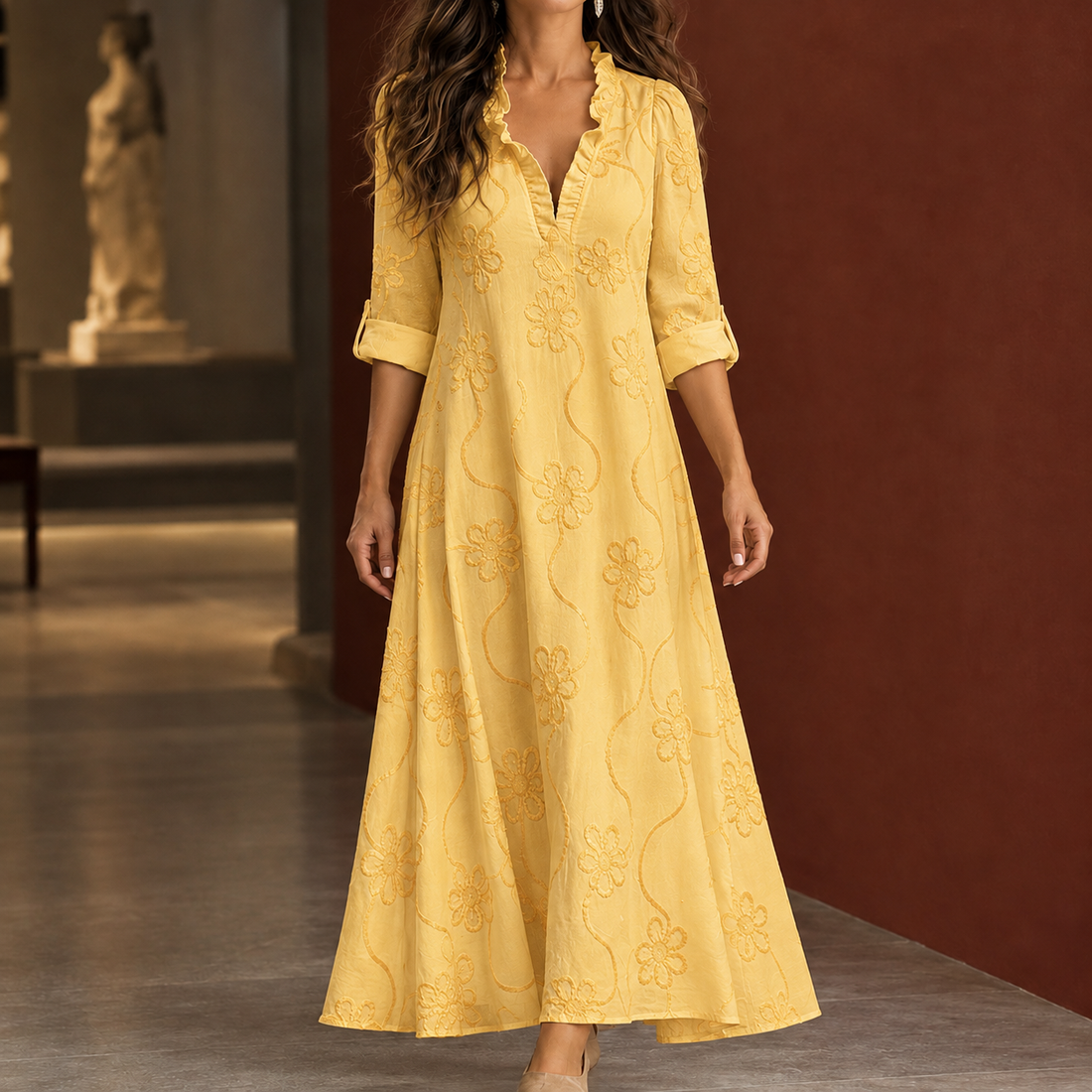 Dahlia-Sage Embroidered Dress - Yellow