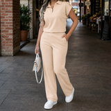 Beatrix Collared Pants Set - Apricot