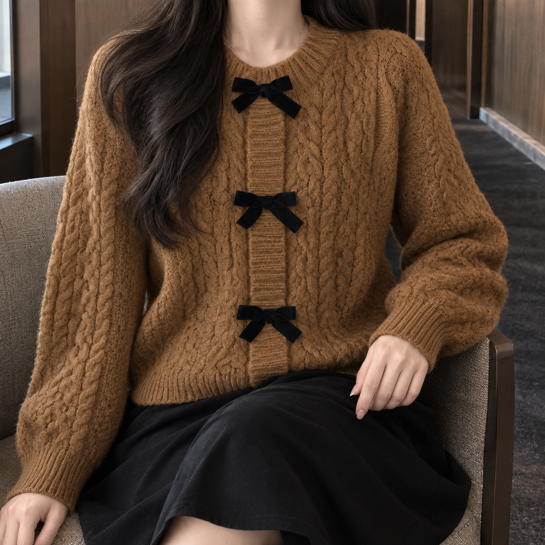 Annalise-Jade Bow Cardigan - Coffee