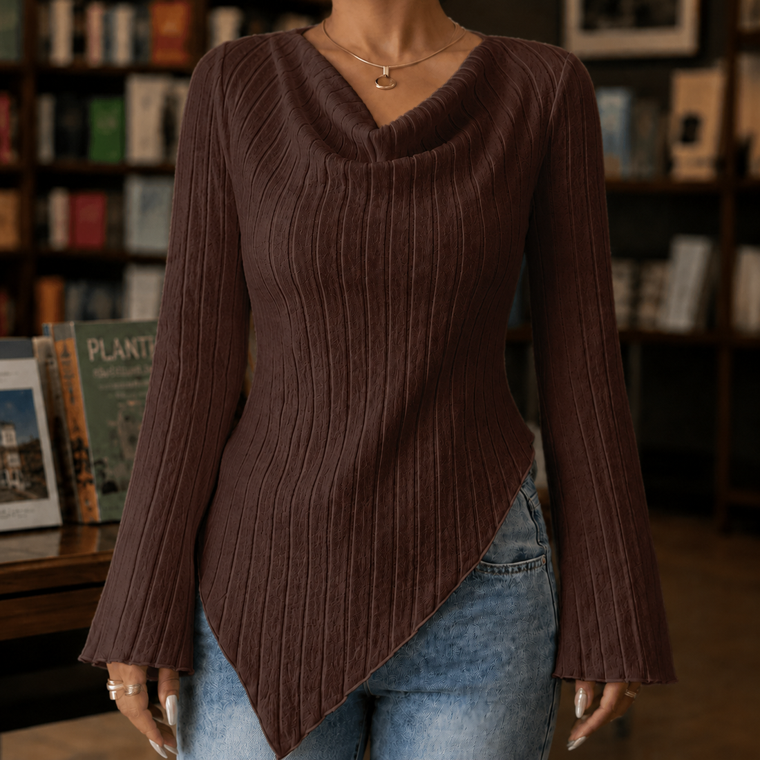 Sofia-Jade Cowl Neck Top - Coffee