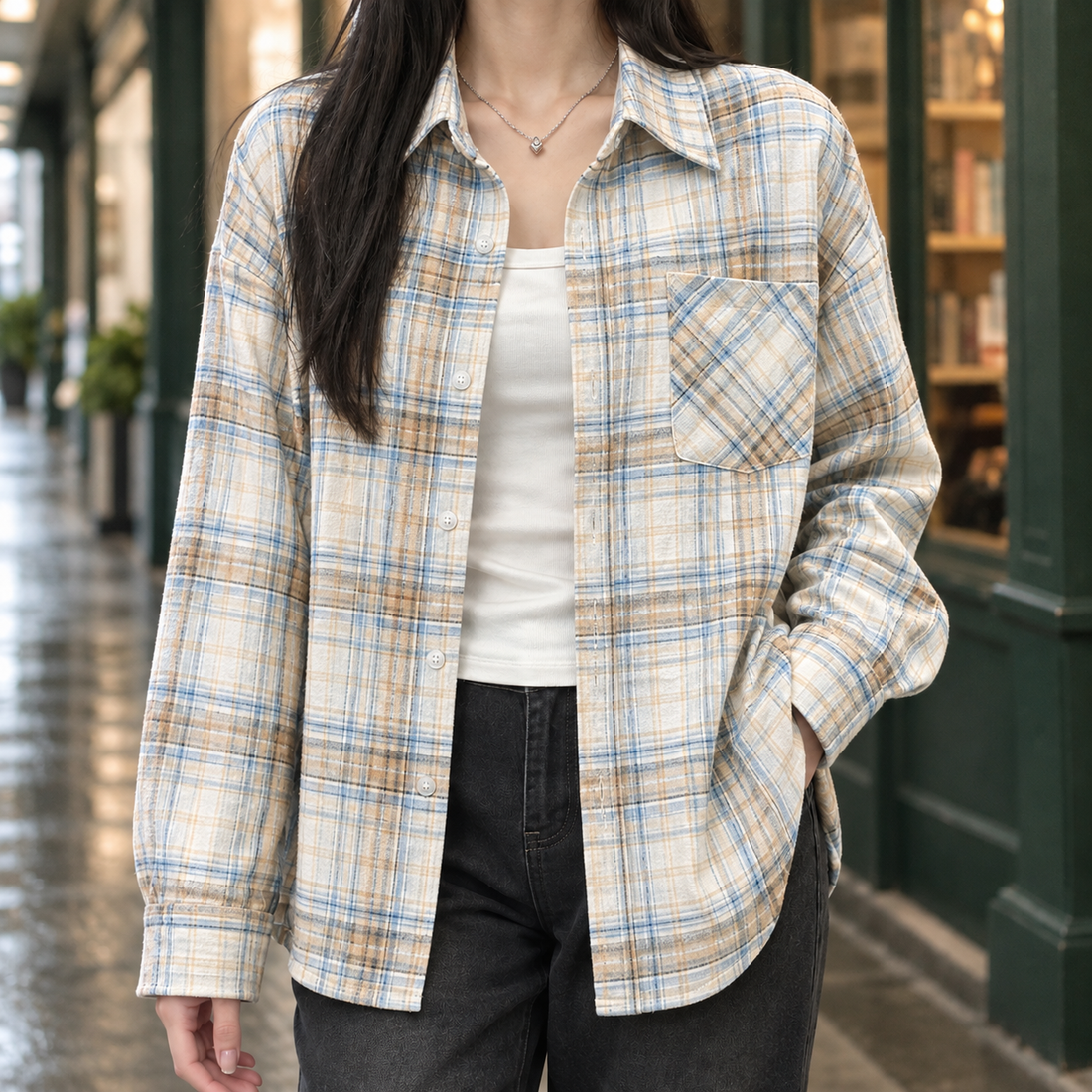Bernadette-Claire Plaid Overshirt - Apricot White Plaid