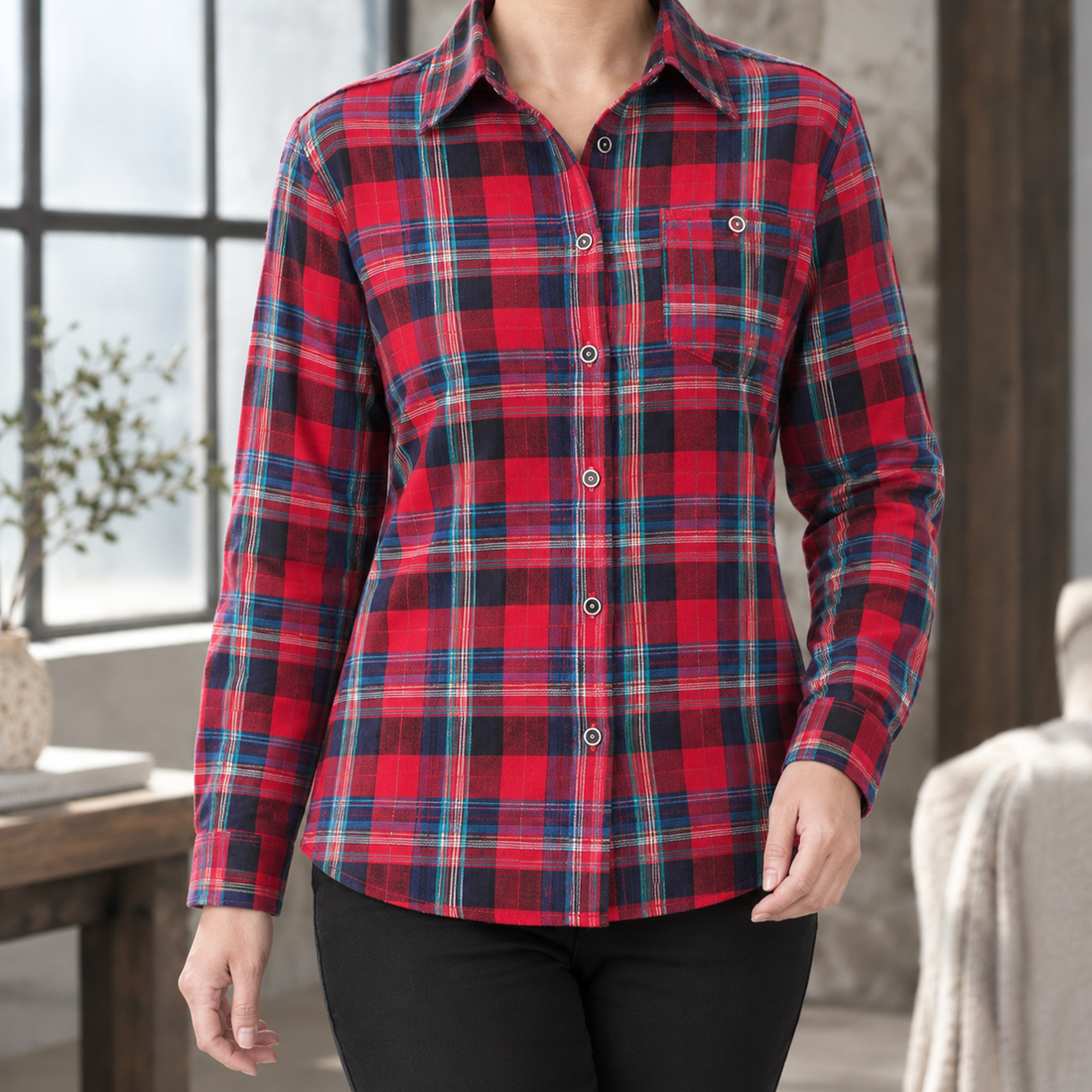 Josephine-Rae Relaxed Plaid Shirt - Red Plaid