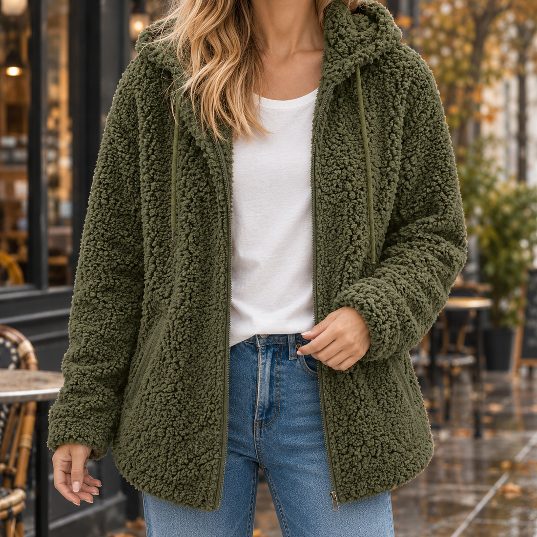 Ines-June Hooded Teddy Jacket - Army Green