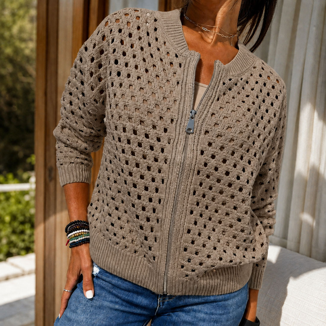 Renata-Louise Open Knit Cardigan - Khaki