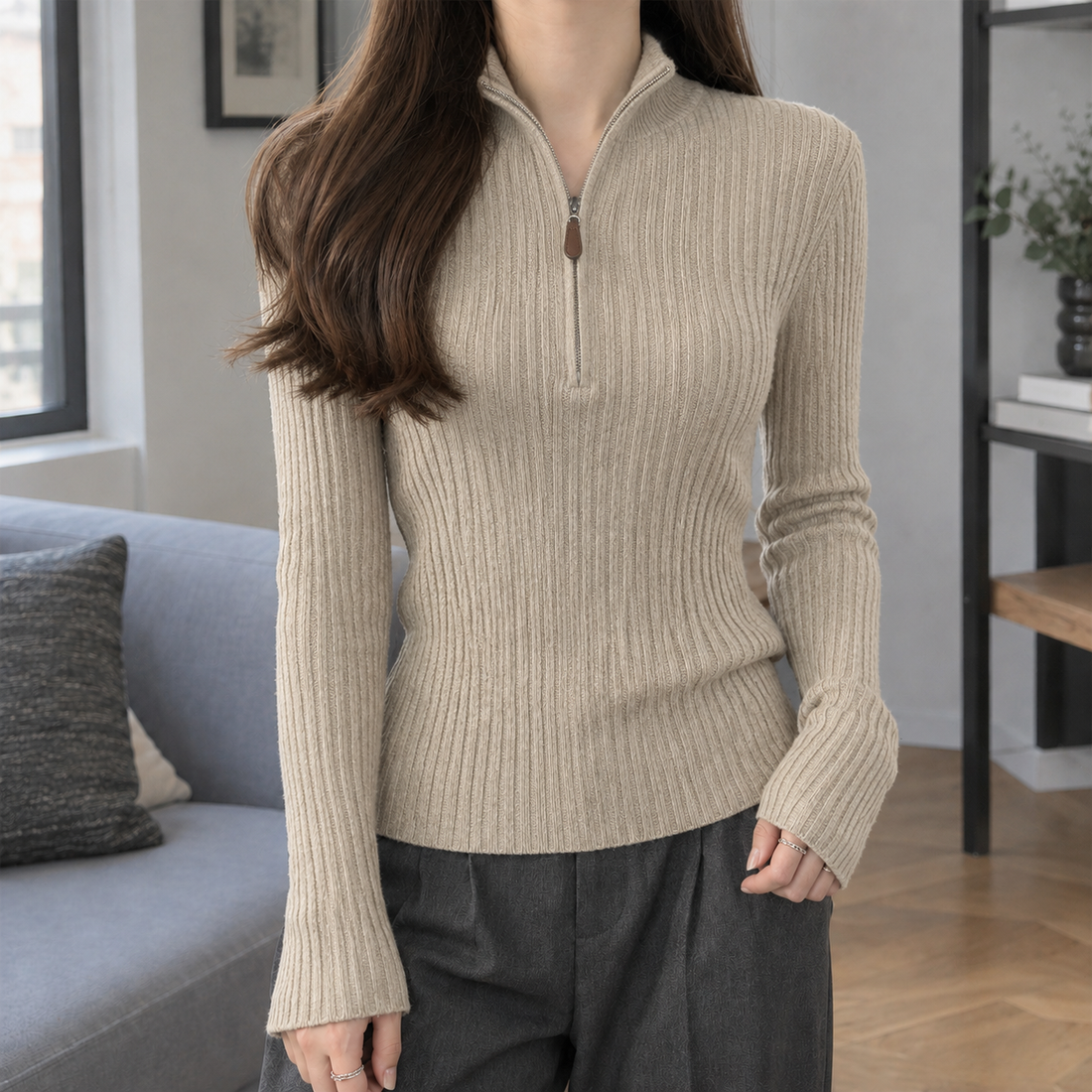 Jasmine Half Zip Top - Khaki