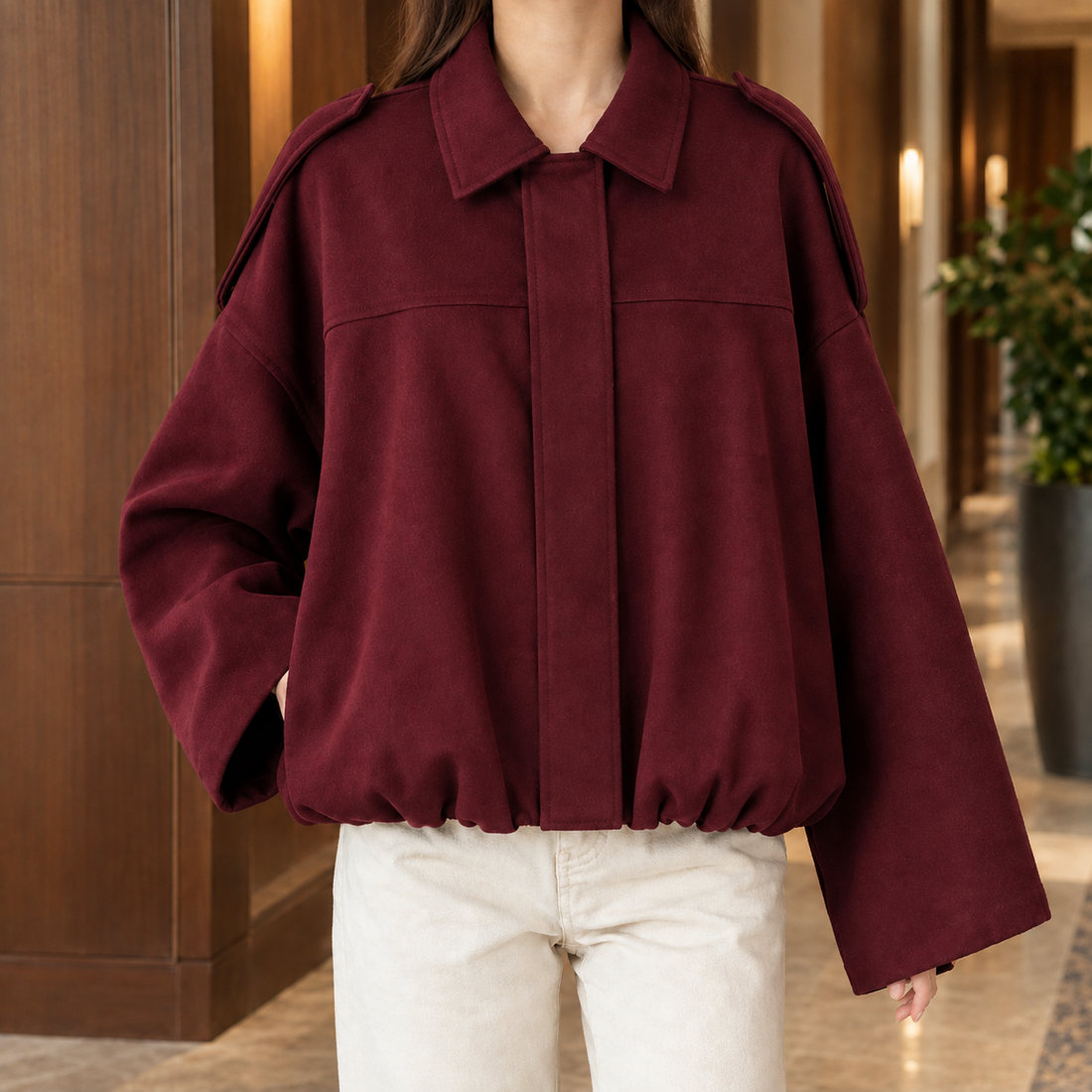 Chantal-Pearl Suede Blouson Jacket - Wine Red