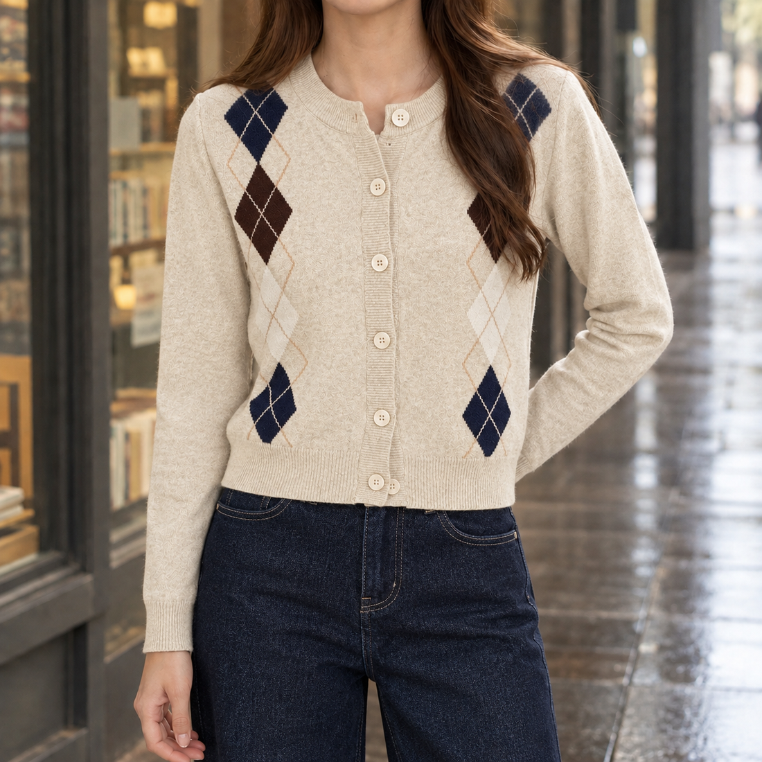 Audric-Scott Argyle Cardigan - Oatmeal Apricot