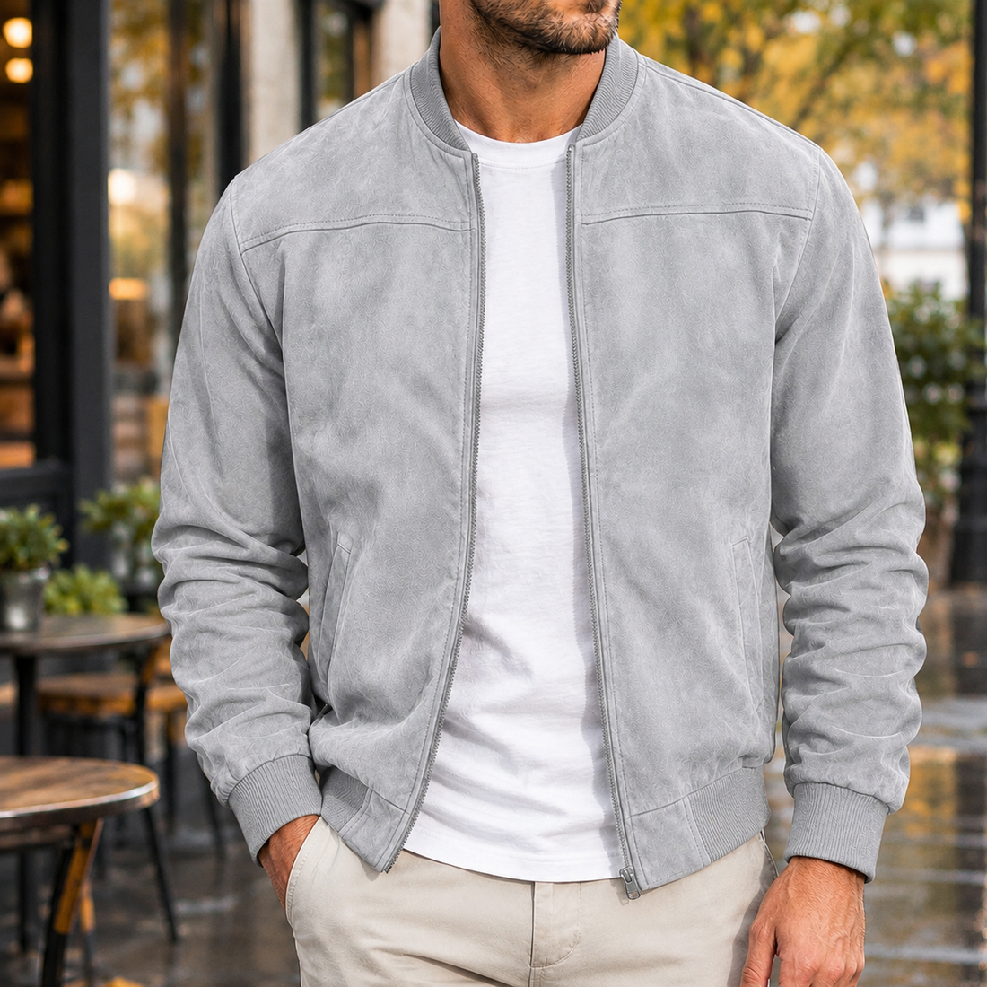 Gregory-West Suede Bomber Jacket - Light Gray