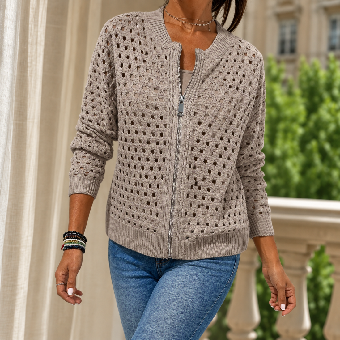 Lydia Open-Knit Sweater - Khaki