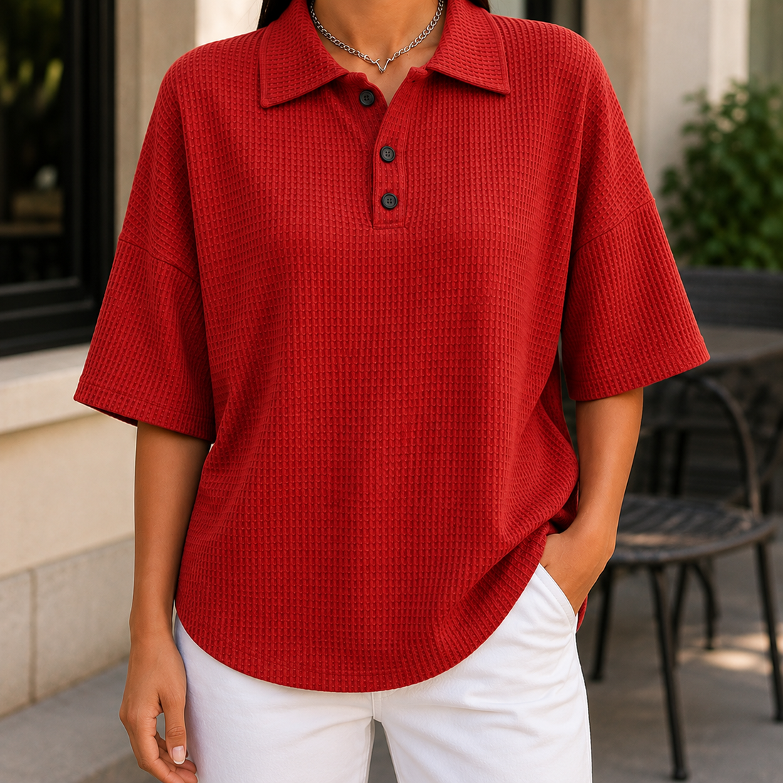 Isabeau Waffle Polo - Red