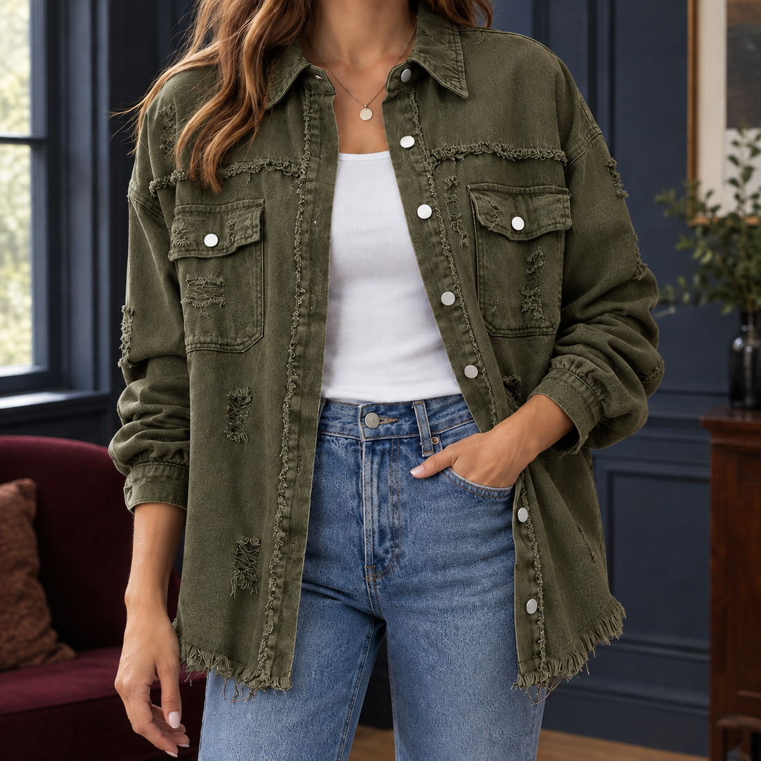 Marguerite-Kate Denim Overshirt - Olive Green