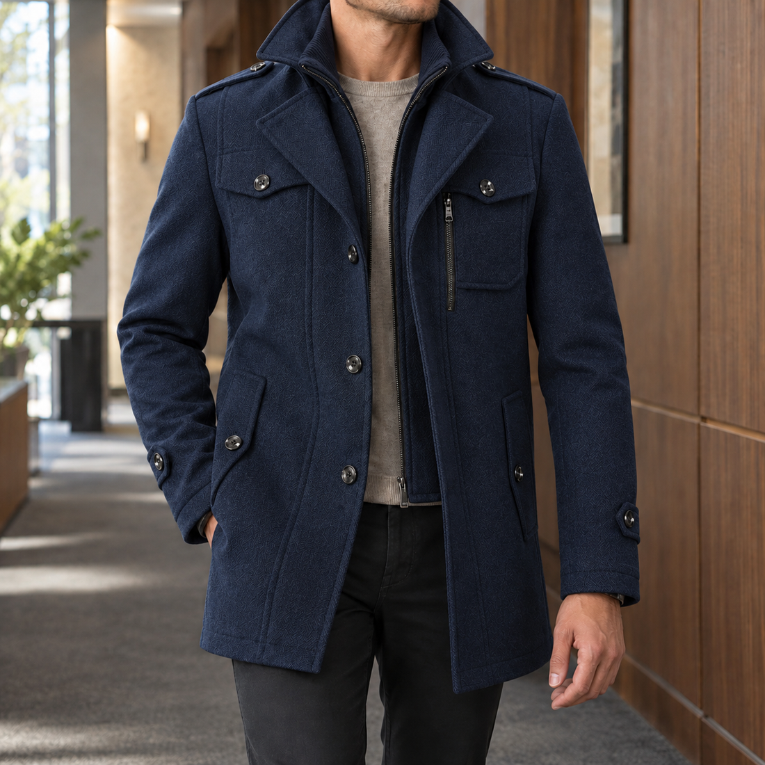 Benjamin Double Collar Coat - Navy Blue