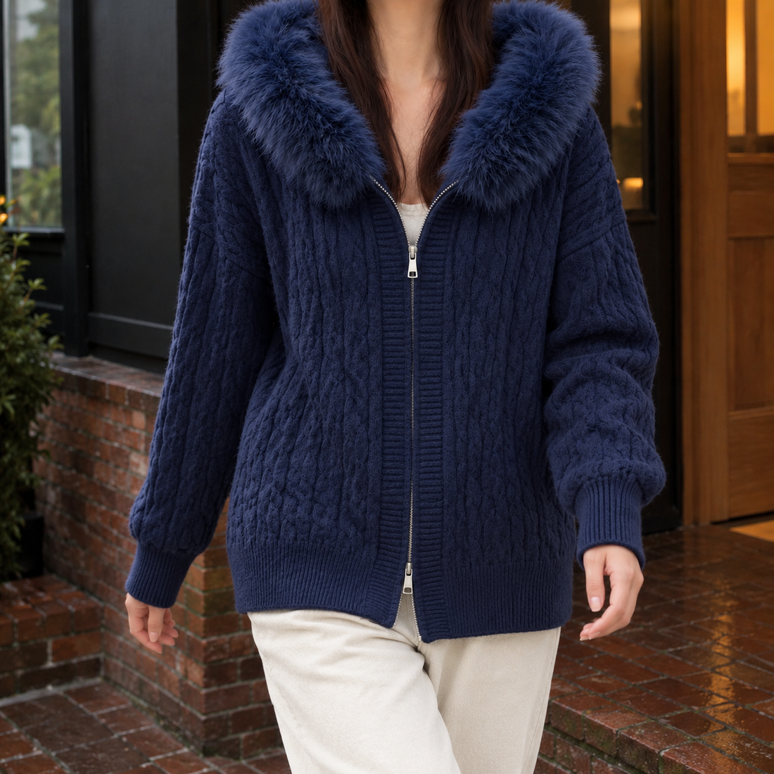 Mirabel-Mae Fur-Trimmed Cardigan - Navy Blue
