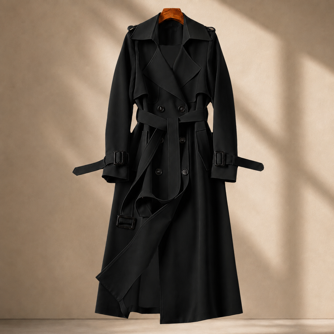 Camille-Pearl Belted Overcoat - Black