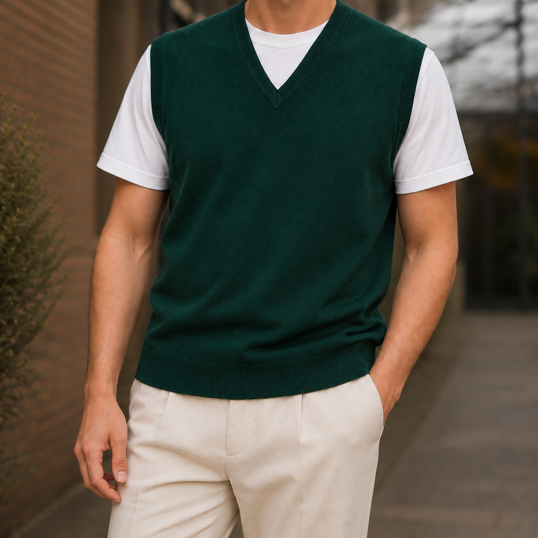 Louis V-Neck Wool Vest - Green