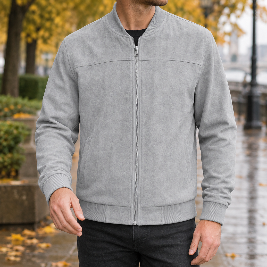 Rufus-Grey Suede Bomber Jacket - Blue Gray