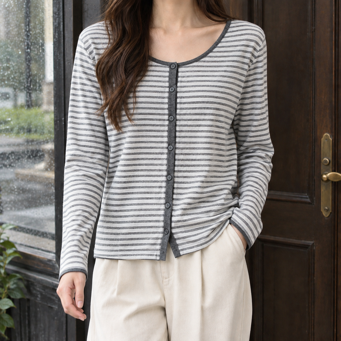 Guinevere-Hope Linen Cardigan - Striped Gray
