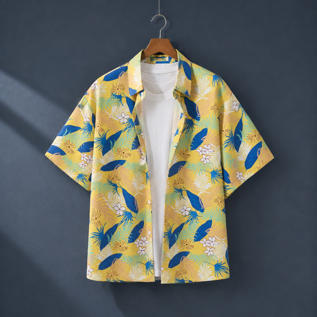 Emeric Hawaiian Shirt - Yellow Blue Botanical
