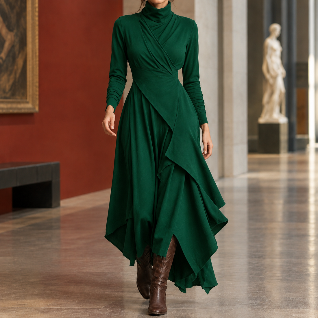 Freya-Hope Asymmetric Turtleneck Dress - Green