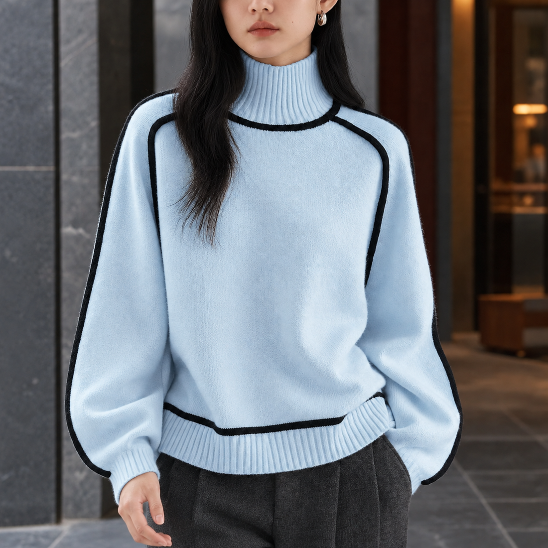 Bethany-Louise Contrast Turtleneck Sweater - Light Blue
