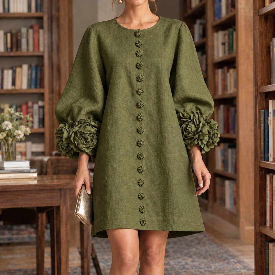 Rachel-Rose Floral Cuff Dress - Green