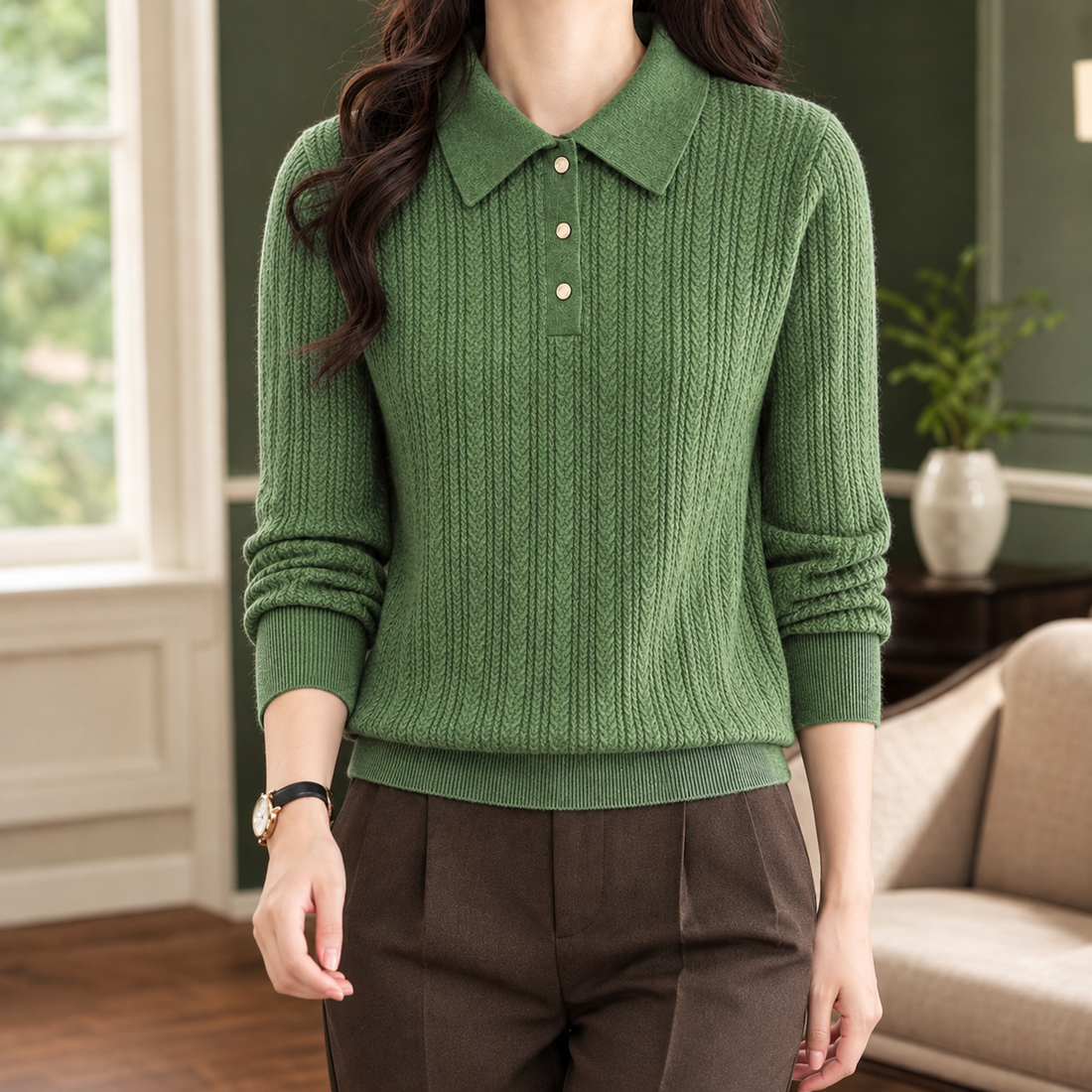 Madeline-Jane Cable Knit Sweater - Green