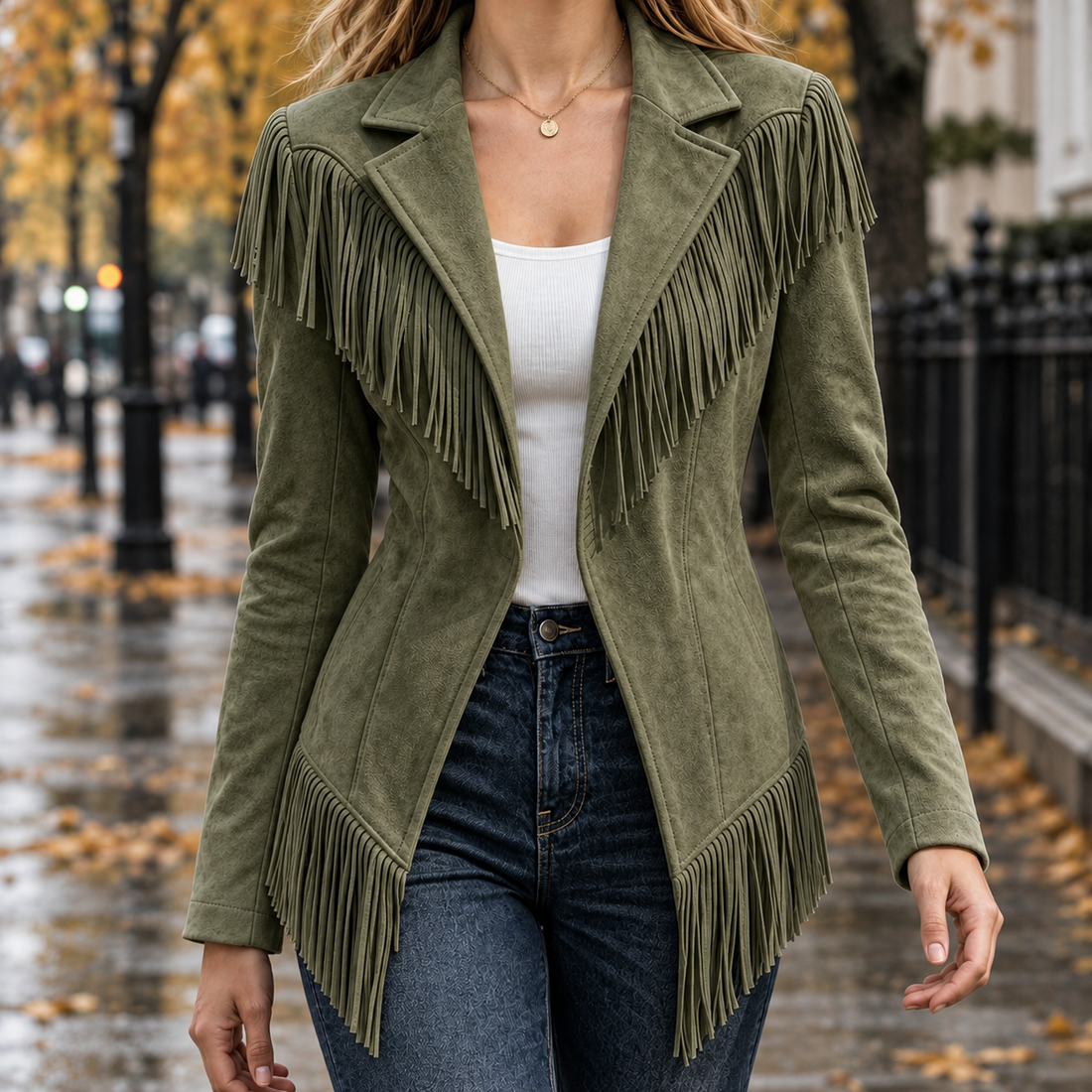 Pascaline-Claire Fringe Jacket - Army Green