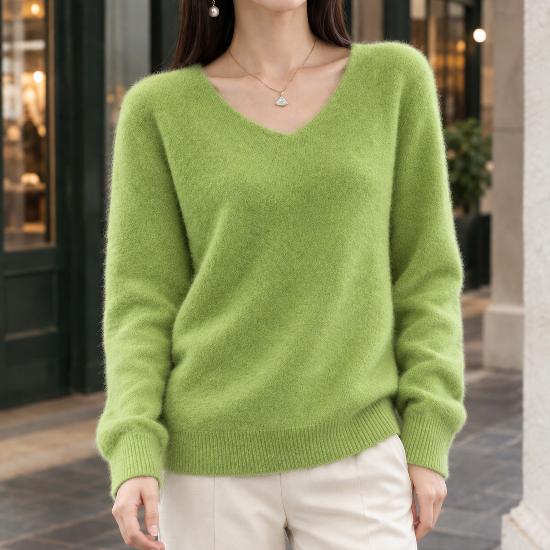 Imogen-Mae V Neck Wool Sweater - V-neck Fruit Green