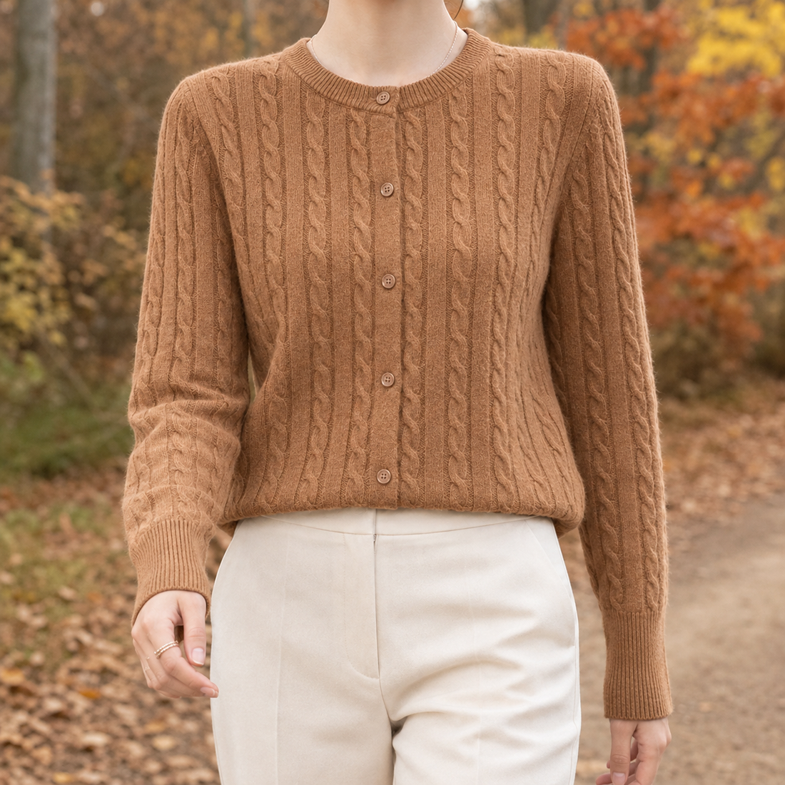 Karen-Eve Cable Knit Cardigan - Camel