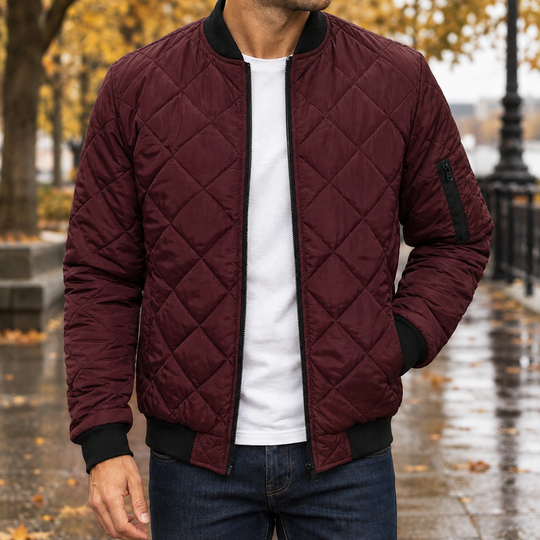 Oliver-Grey Quilted Jacket - Wine Red